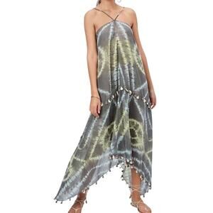 Lovestitch Gray Sheer Tie Dye Ania Tasseled Scarf Maxi Dress Cover Up S/M NWT
